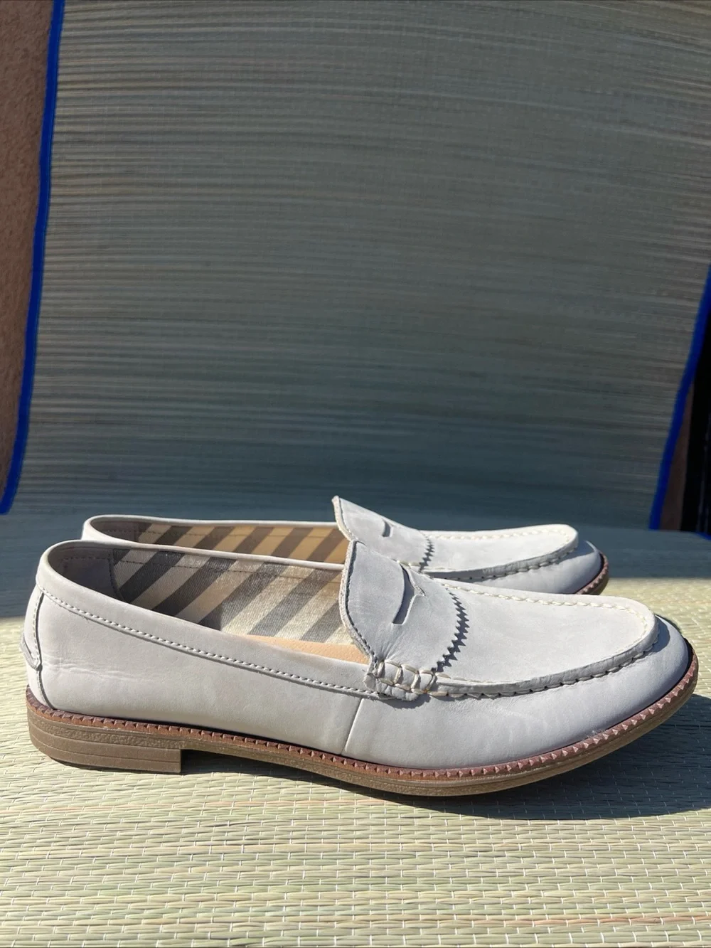 Sperry Light Gray Suede Penny Loafers with Brown Sole